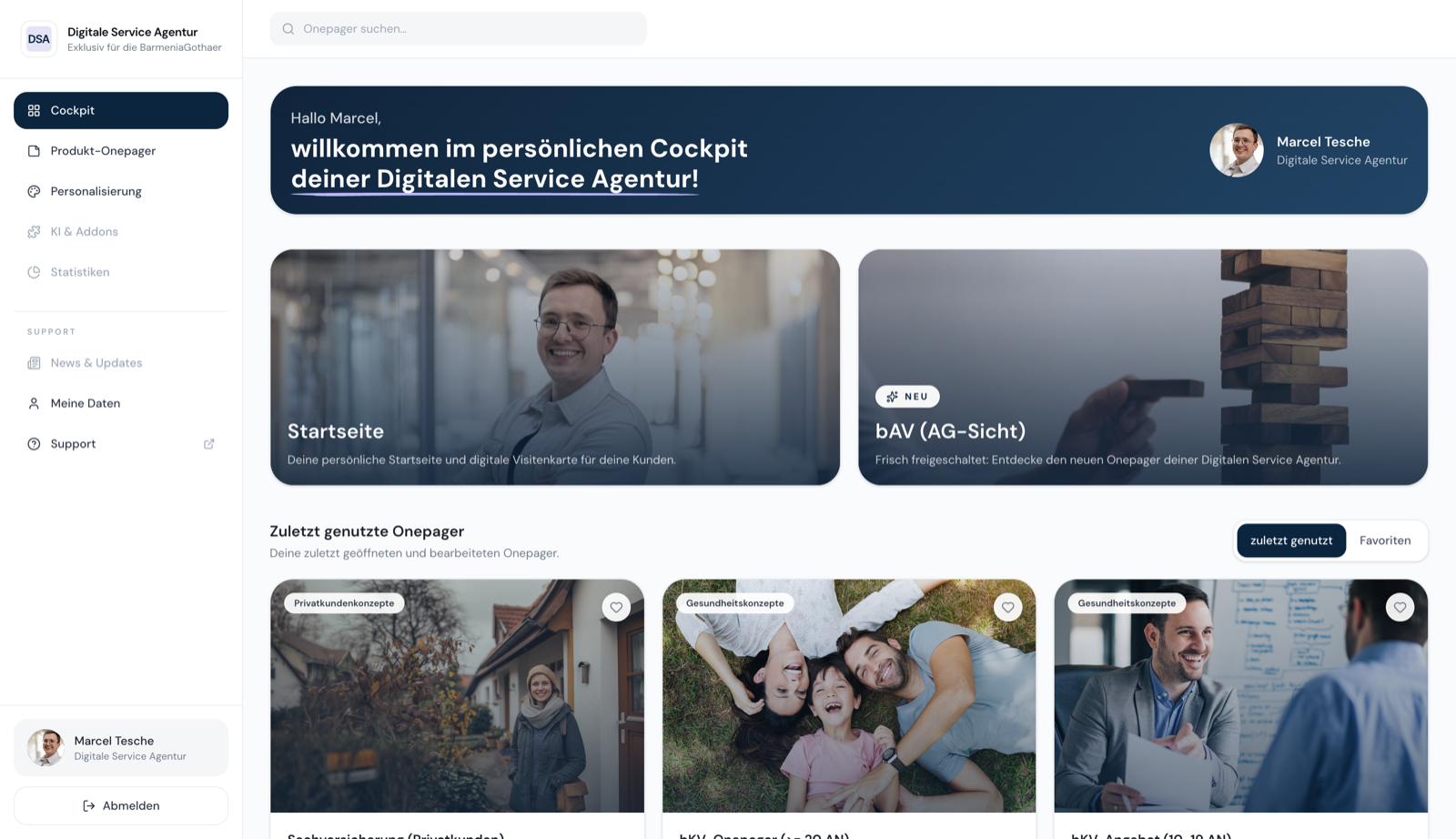 Das persönliche Cockpit der Digitalen Service Agentur mit allen Onepagern