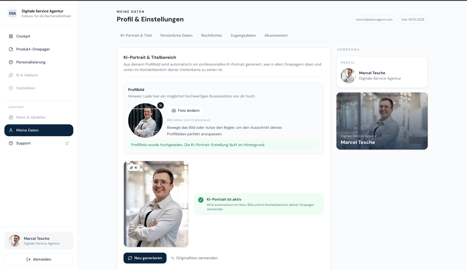 KI-Portrait-Generierung in den Profil-Einstellungen der Digitalen Service Agentur